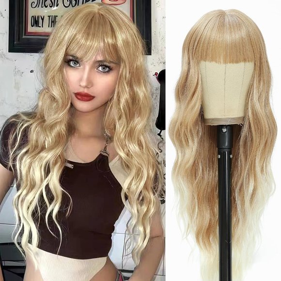 26 Inches Women Blonde Synthetic Heat Resistant Curly Wavy  Wigs with Bangs - Picture 1 of 6
